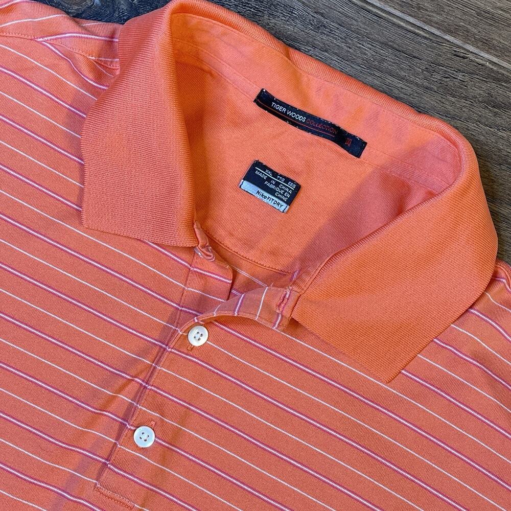 Nike Tiger Woods Collection‎ Golf Polo Shirt Mens 2XL Orange Striped Fit Dry